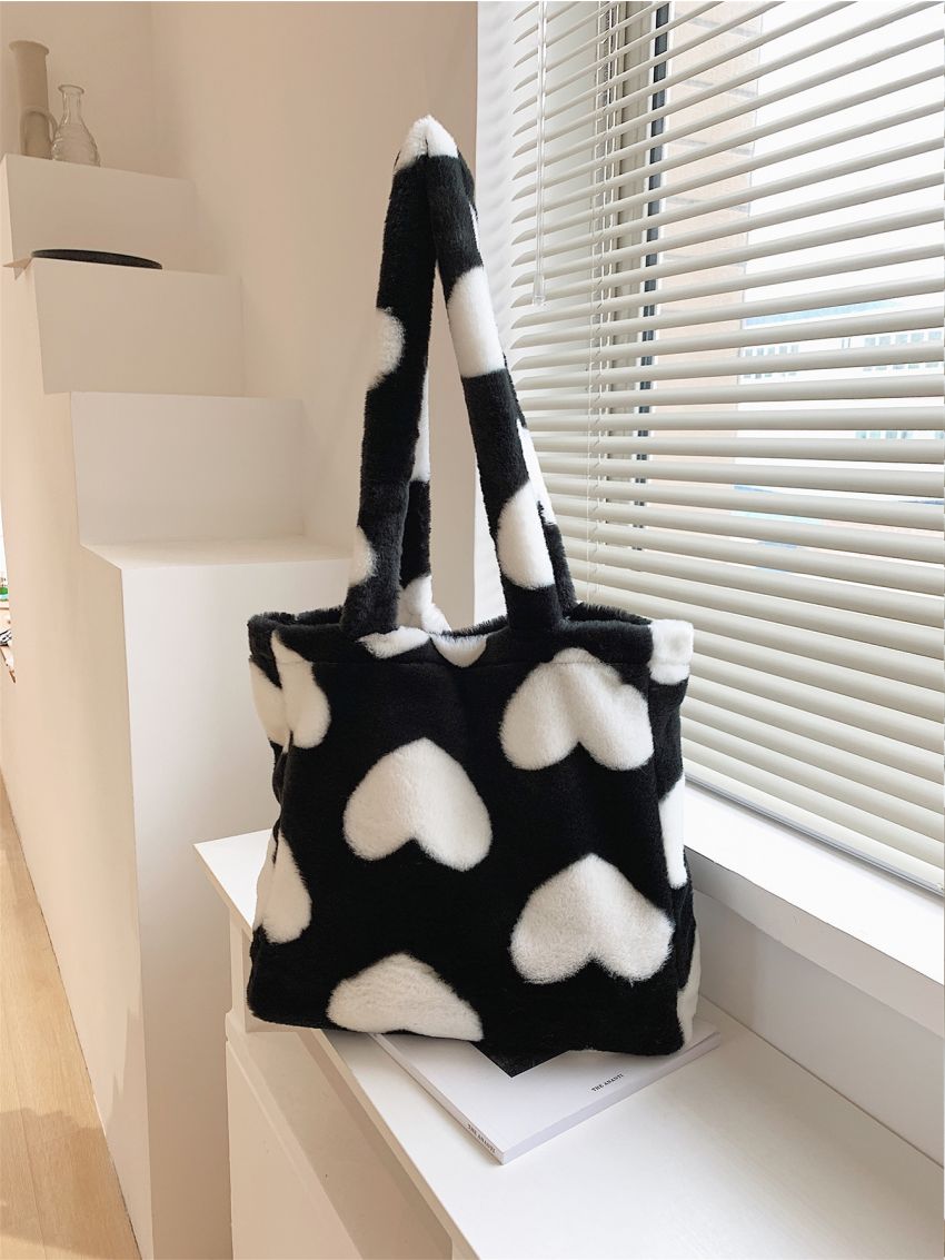 Heart Graphic Fluffy Shoulder Tote Bag