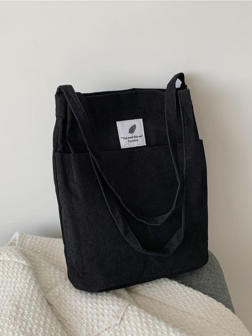 Letter Patch Corduroy Shopper Bag