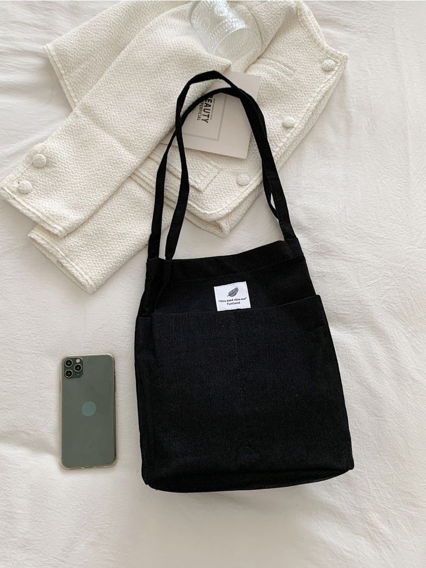 Letter Patch Corduroy Shopper Bag