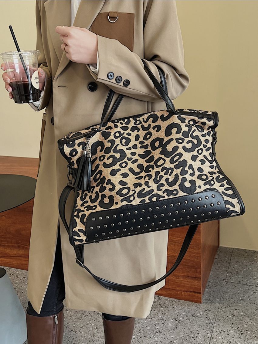Leopard Studded Decor Shoulder Tote Bag