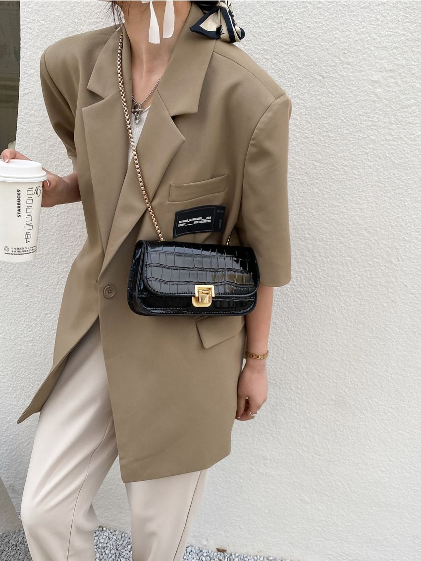 Crocodile Embossed Flap Chain Square Bag