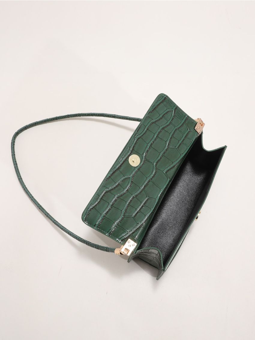 Crocodile Embossed Flap Baguette Bag