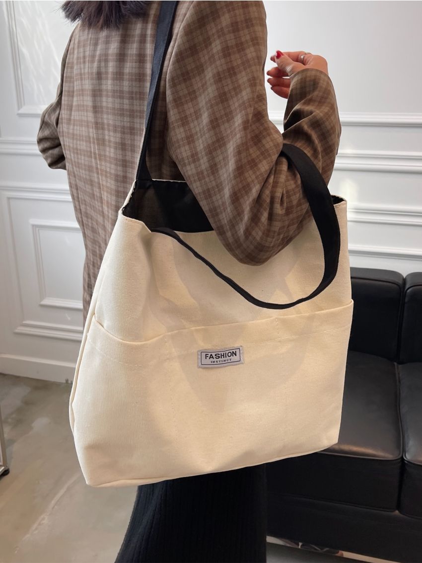 Letter Patch Canvas Shoulder Tote Bag