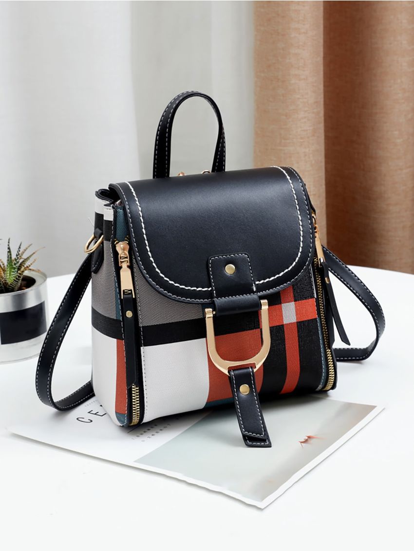 Mini Colorblock Plaid Graphic Flap Backpack