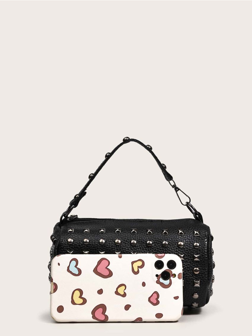 Mini Litchi Embossed Studded Decor Bucket Bag