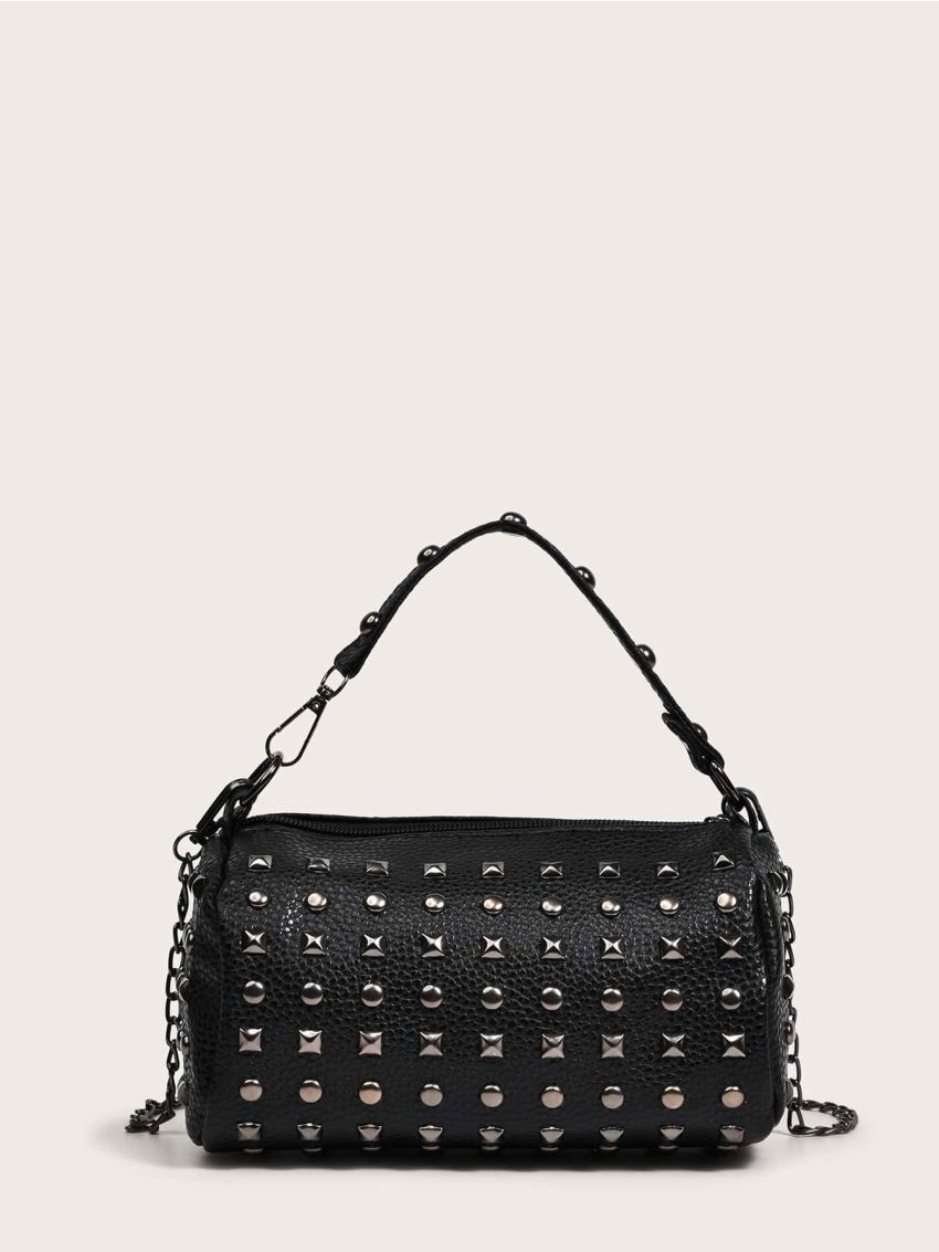 Mini Litchi Embossed Studded Decor Bucket Bag