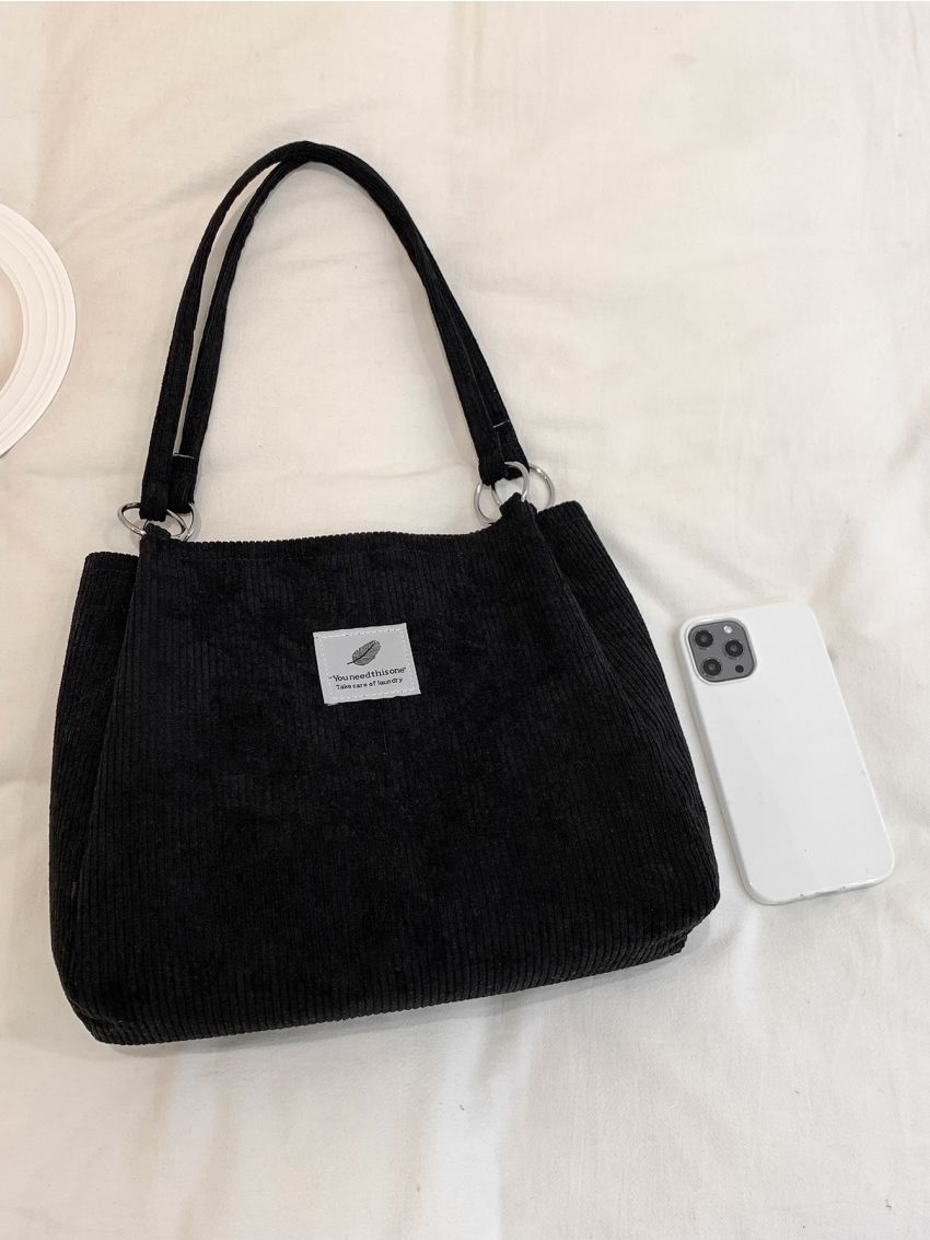 Letter Patch Corduroy Shoulder Tote Bag