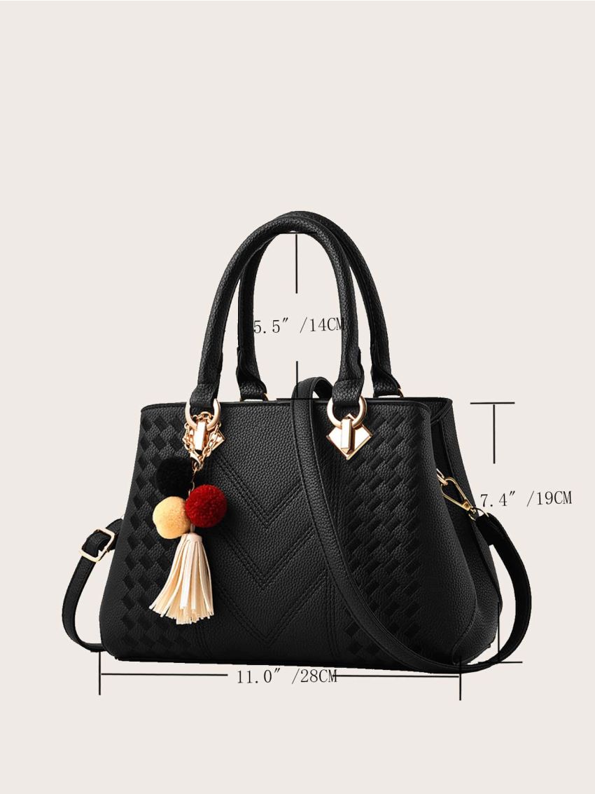 Pom-pom & Tassel Decor Textured Satchel Bag