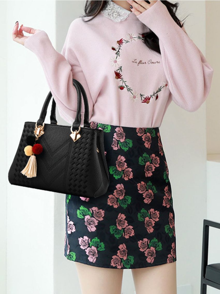 Pom-pom & Tassel Decor Textured Satchel Bag