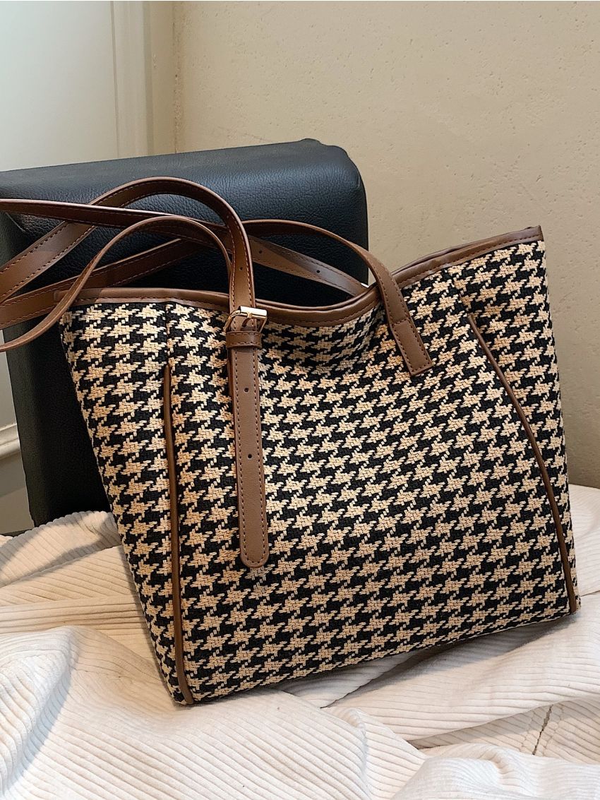Houndstooth Knot Detail Shoulder Tote Bag