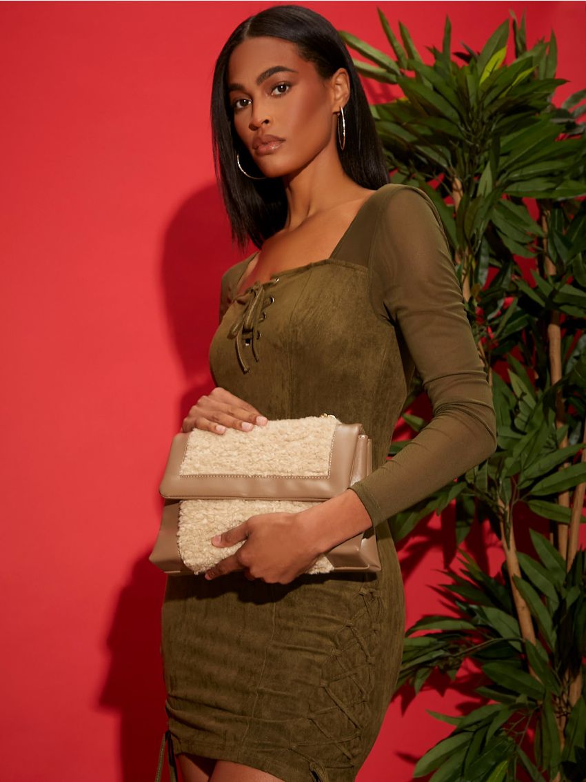 Faux Fur Patchwork Design Chain Shoulder Bag