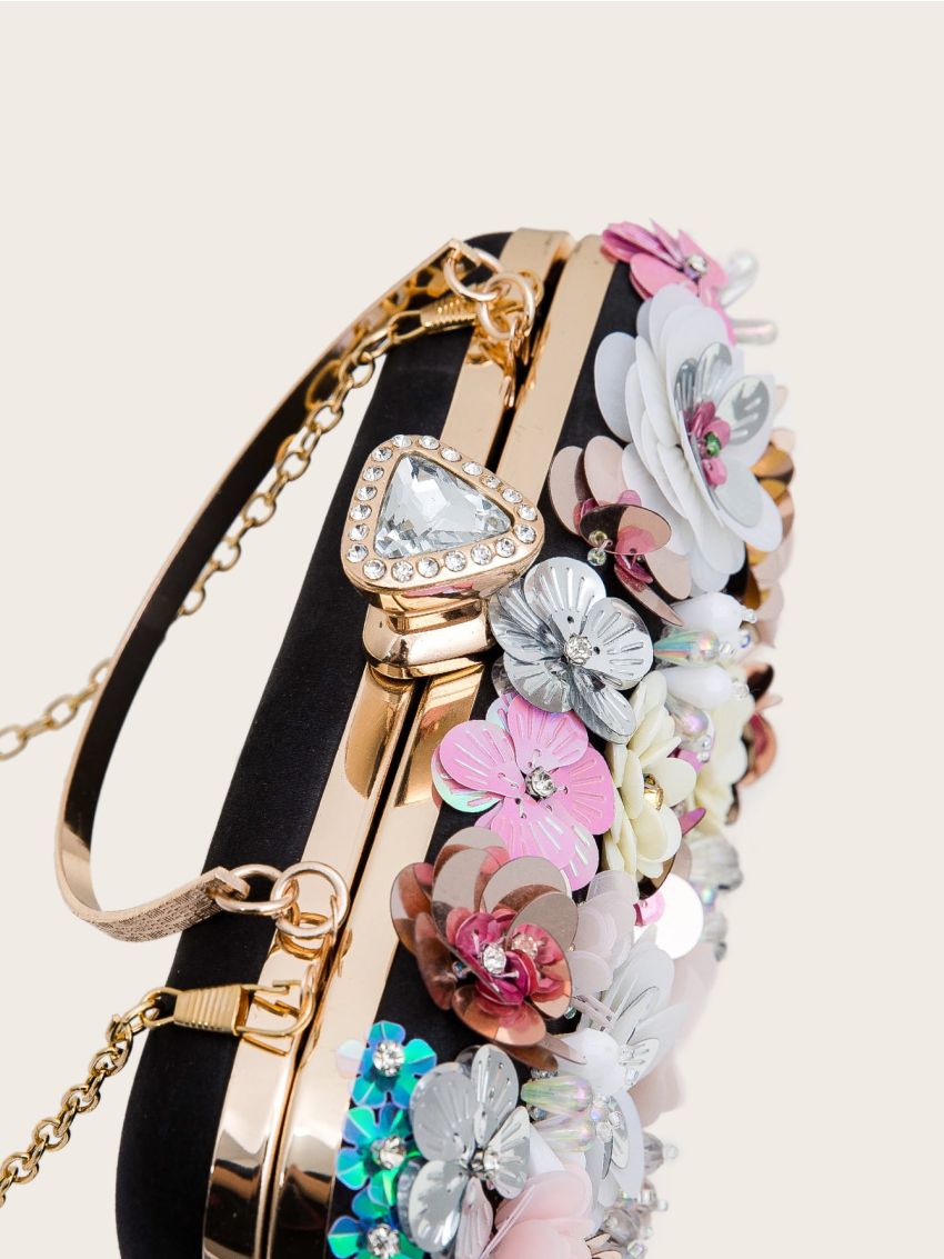 Mini Flower & Bead Decor Top Handle Chain Box Bag