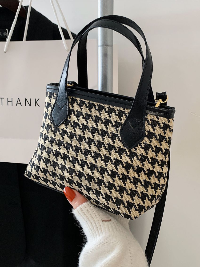 Mini Houndstooth Pattern Top Handle Bag