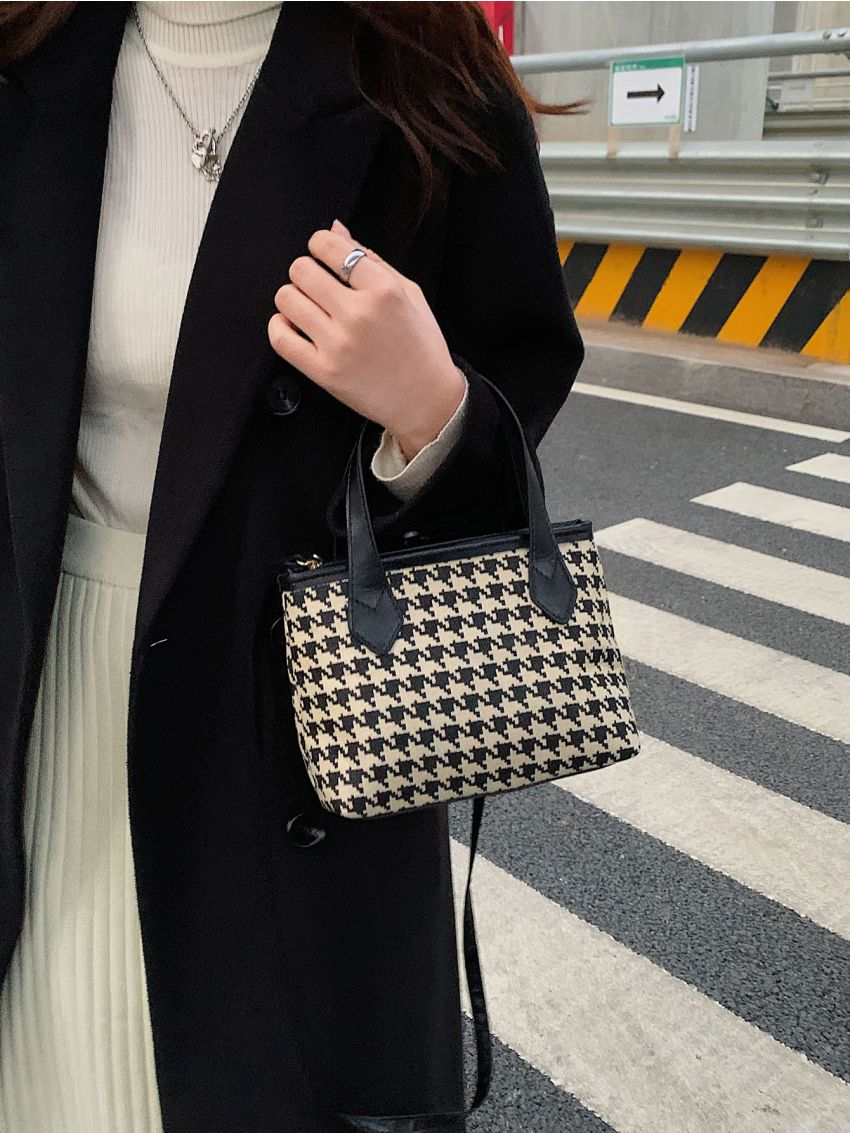 Mini Houndstooth Pattern Top Handle Bag