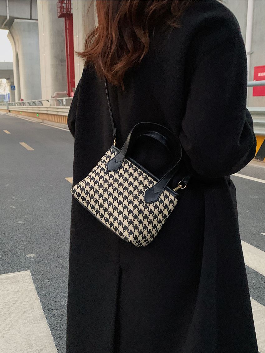 Mini Houndstooth Pattern Top Handle Bag
