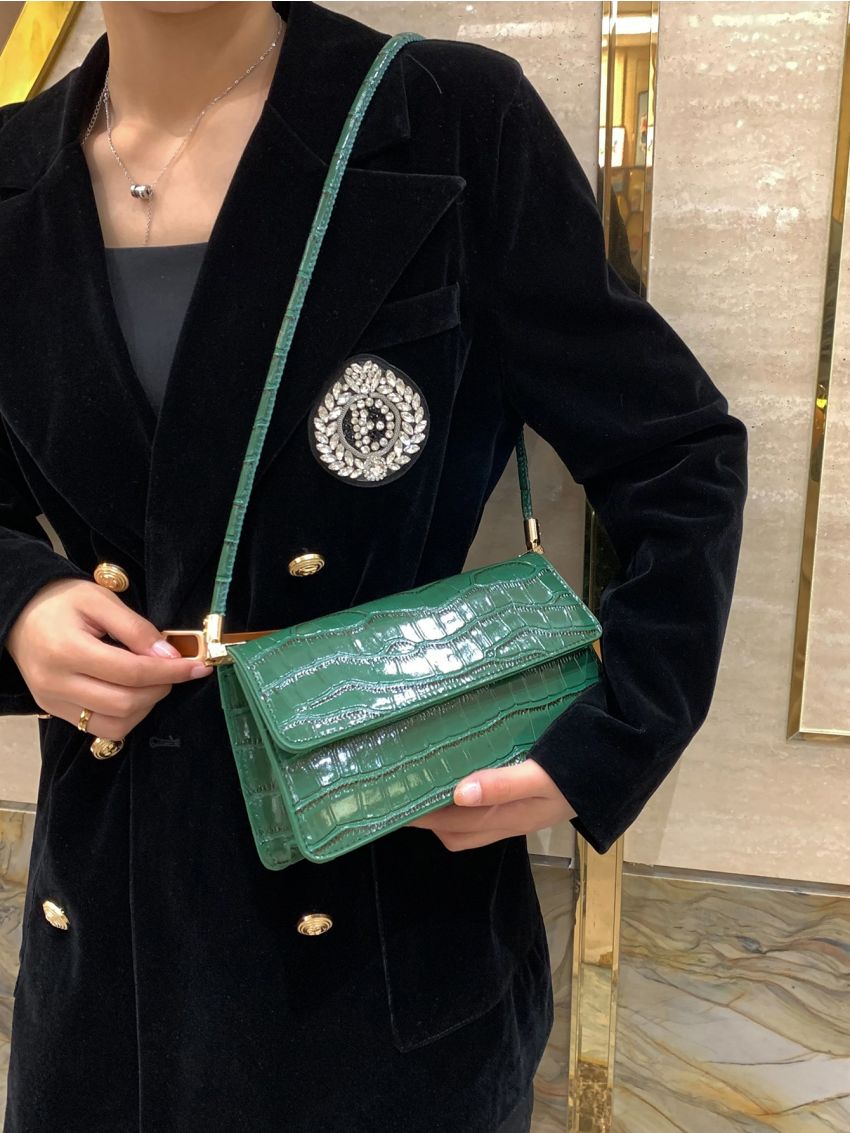 Crocodile Embossed Flap Baguette Bag