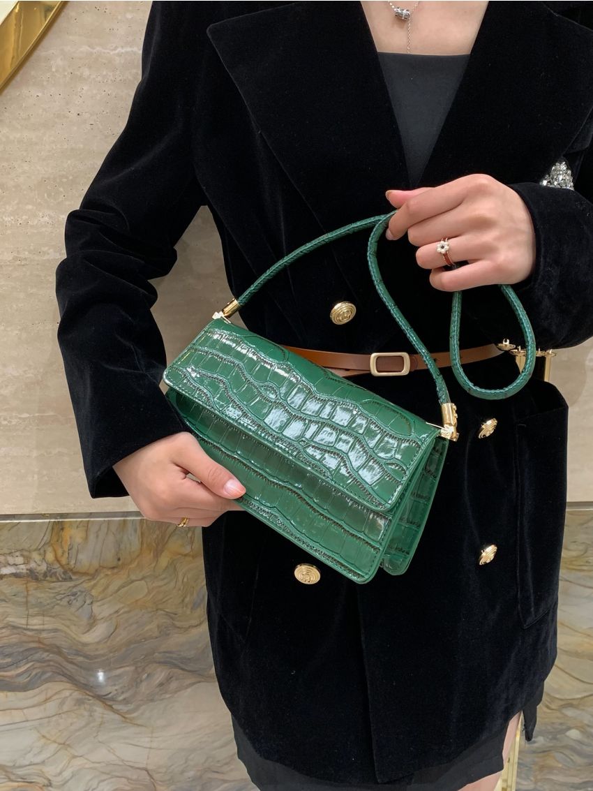Crocodile Embossed Flap Baguette Bag