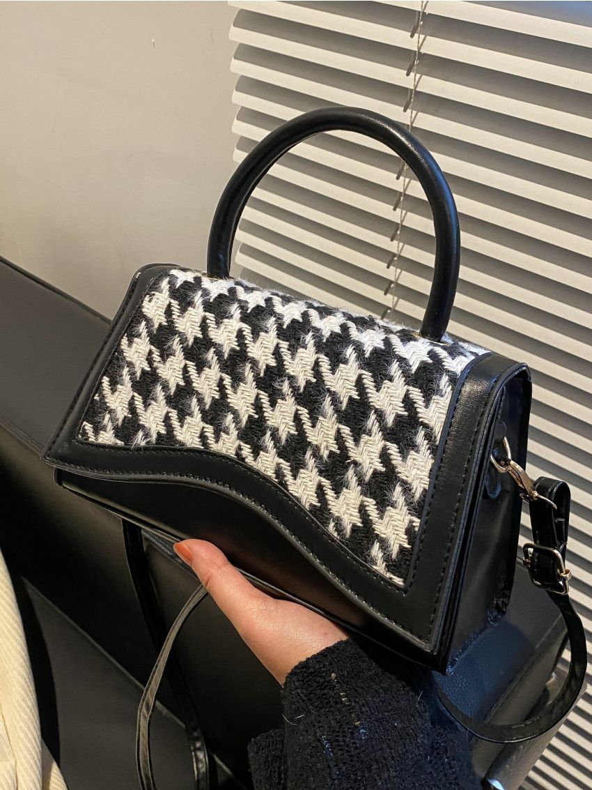 Houndstooth Graphic Flap Satchel Bag