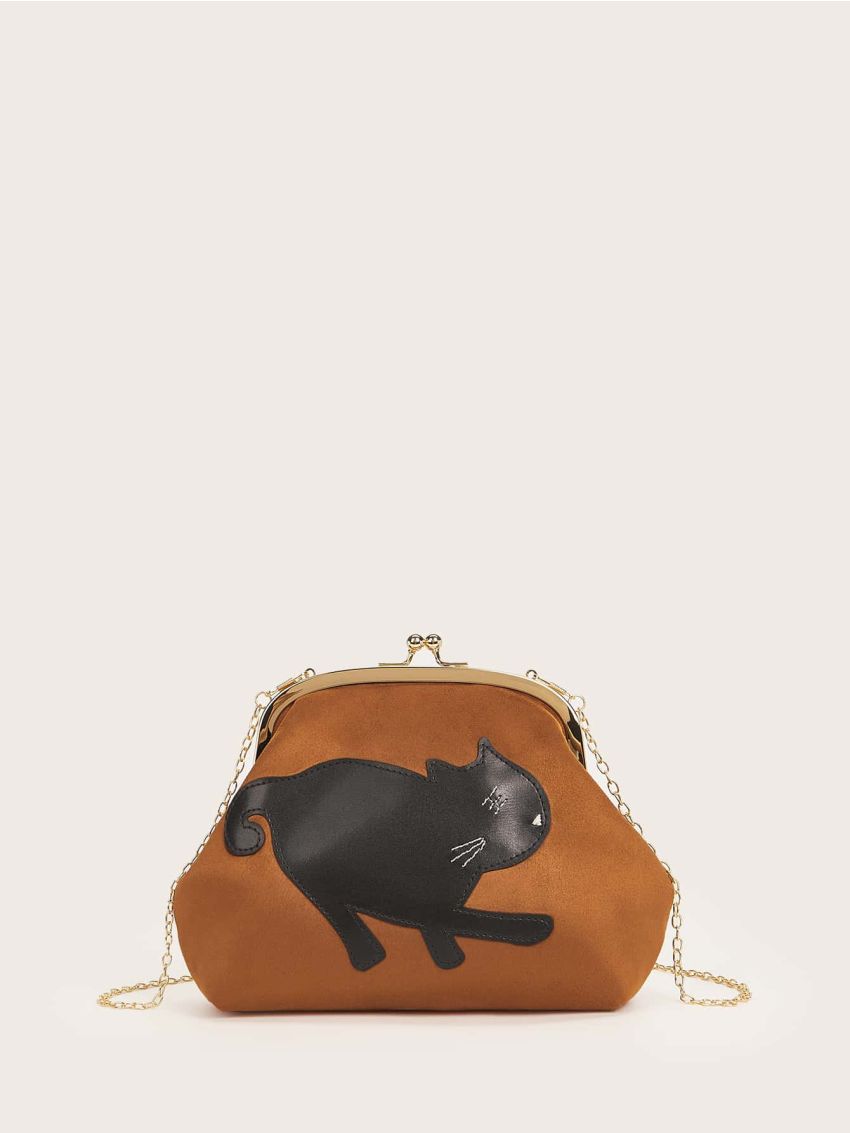 Cat Graphic Kiss Lock Chain Clutch Bag