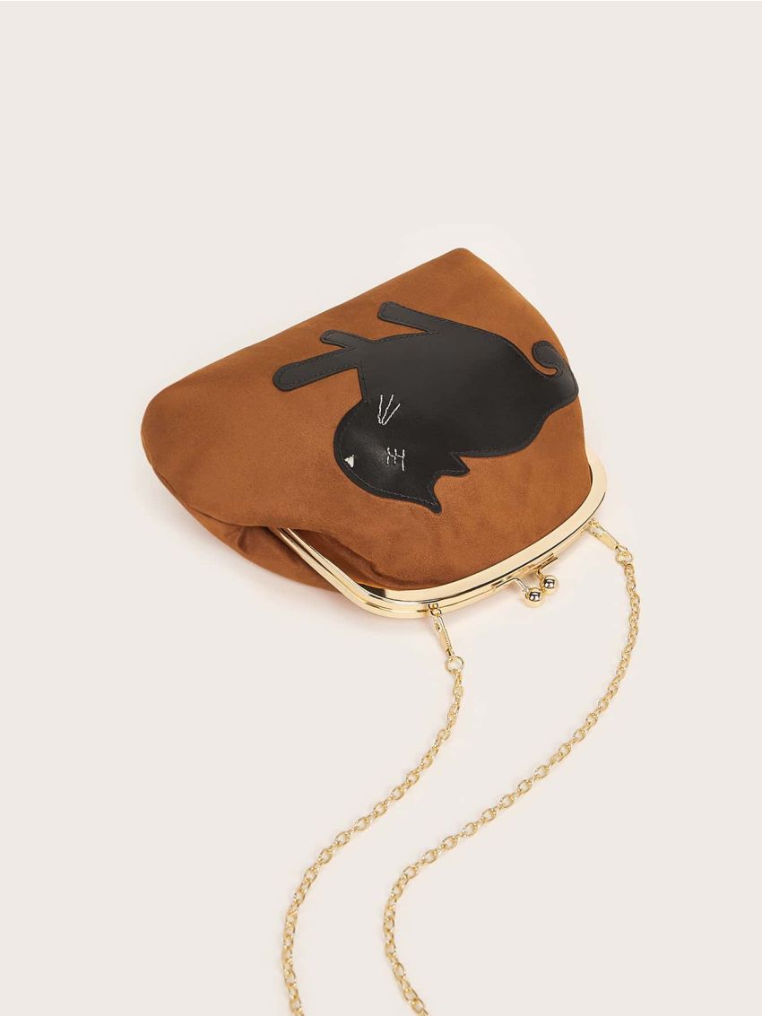 Cat Graphic Kiss Lock Chain Clutch Bag