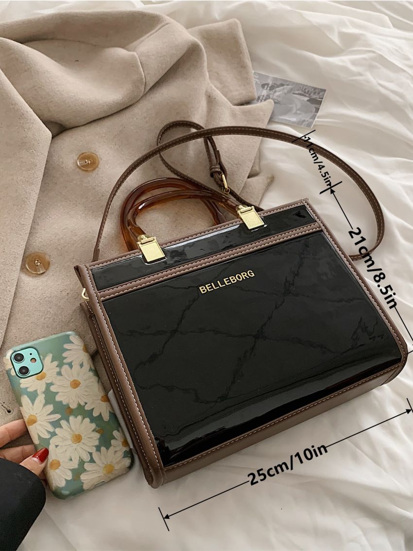 Letter Graphic Artificial Patent Leather Square Bag