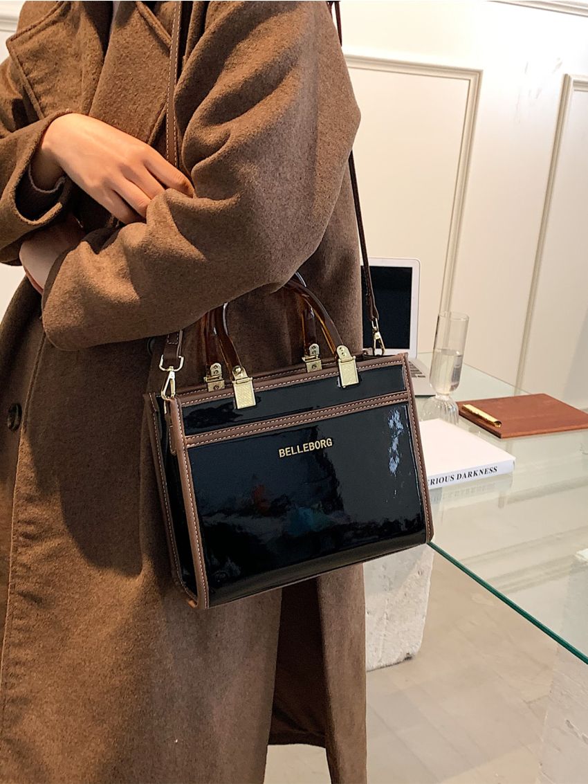 Letter Graphic Artificial Patent Leather Square Bag