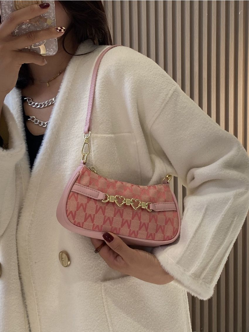 Mini Metal Heart Decor Allover Letter Graphic Baguette Bag