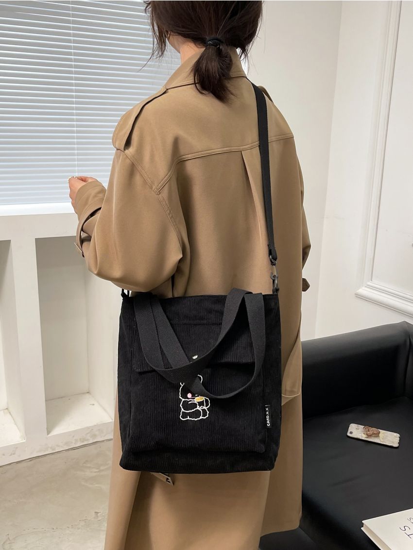 Cartoon Bear Embroidered Letter Patch Corduroy Shoulder Tote Bag