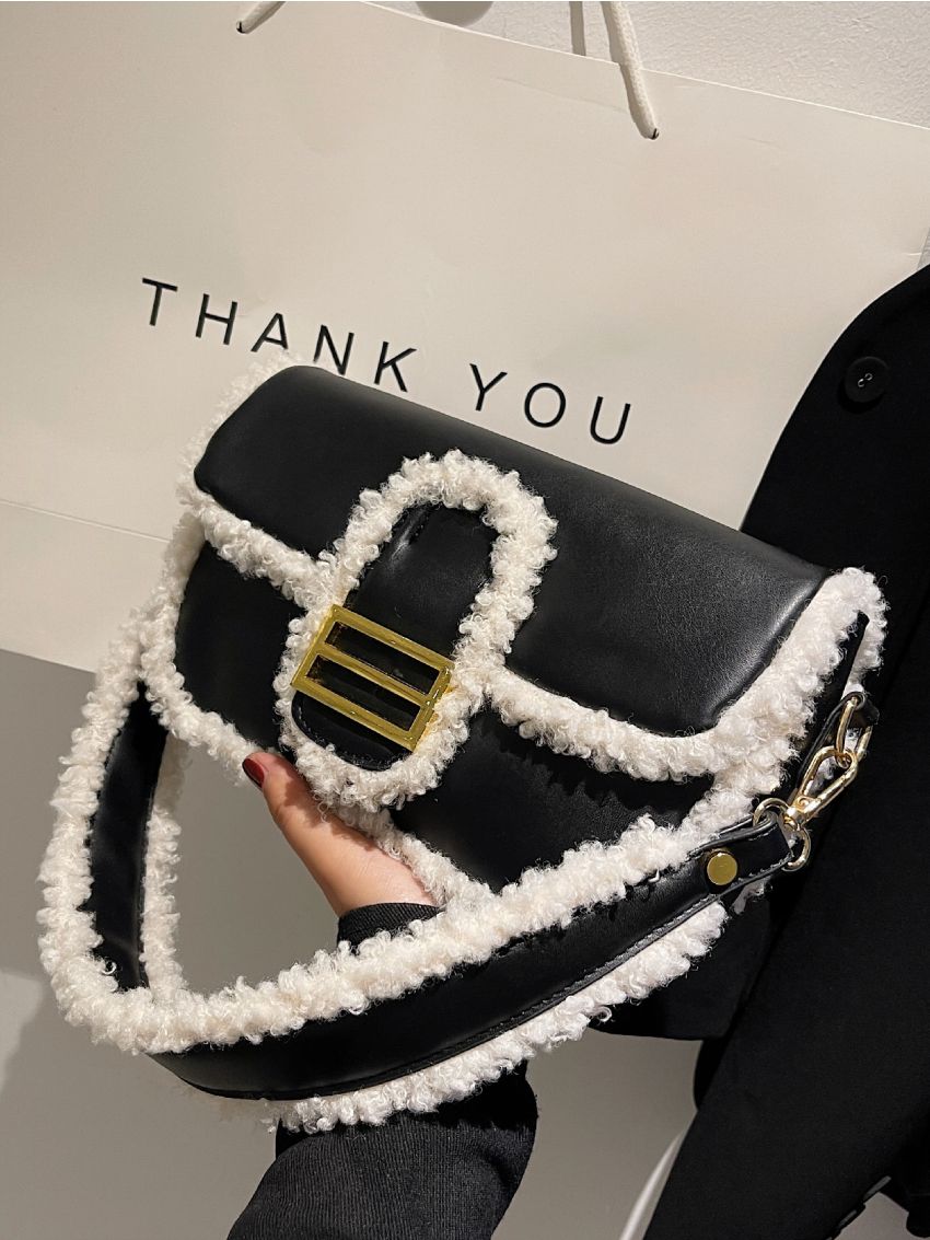 Fluffy Trim Flap Square Bag