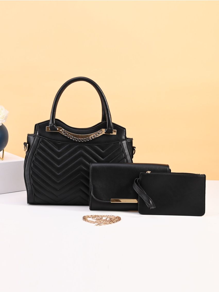 3pcs Chain Decor Chevron Tote Bag Set