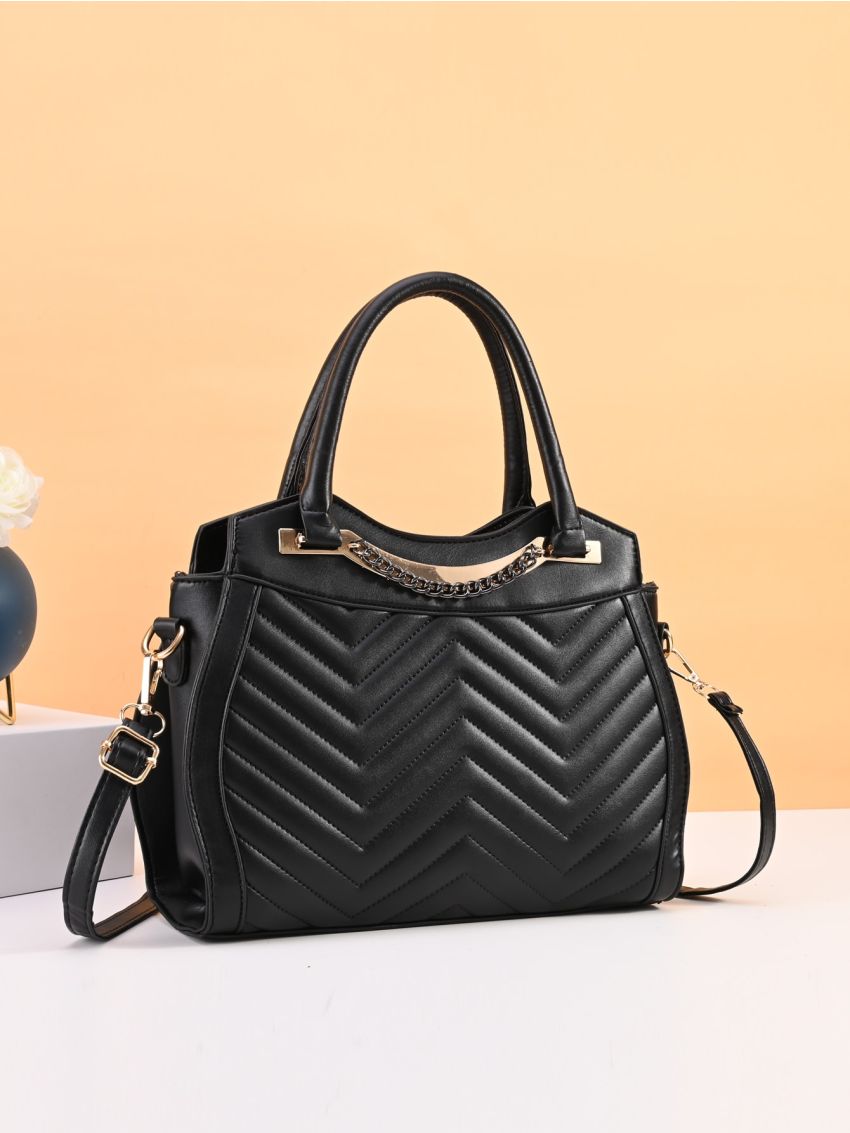 3pcs Chain Decor Chevron Tote Bag Set