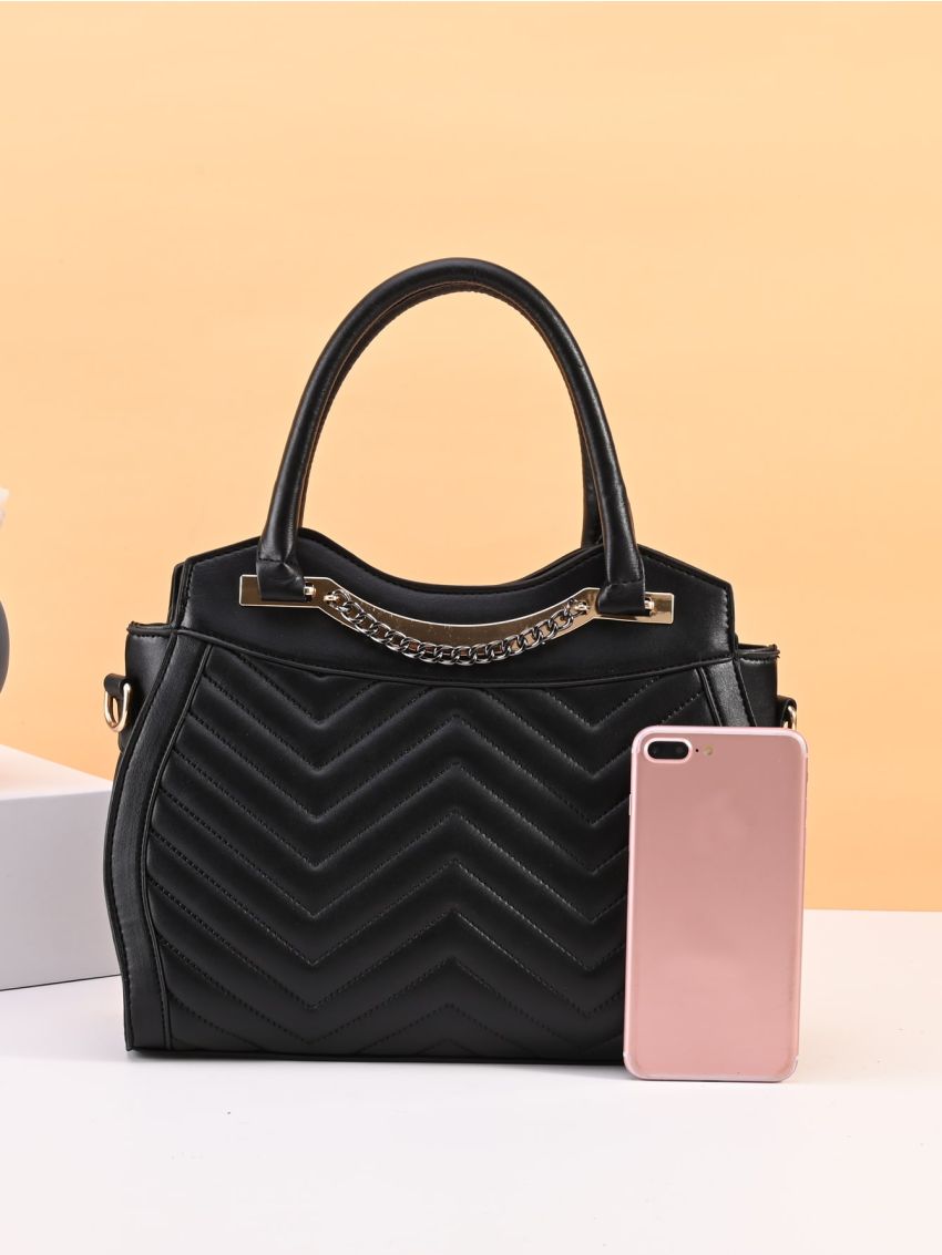 3pcs Chain Decor Chevron Tote Bag Set