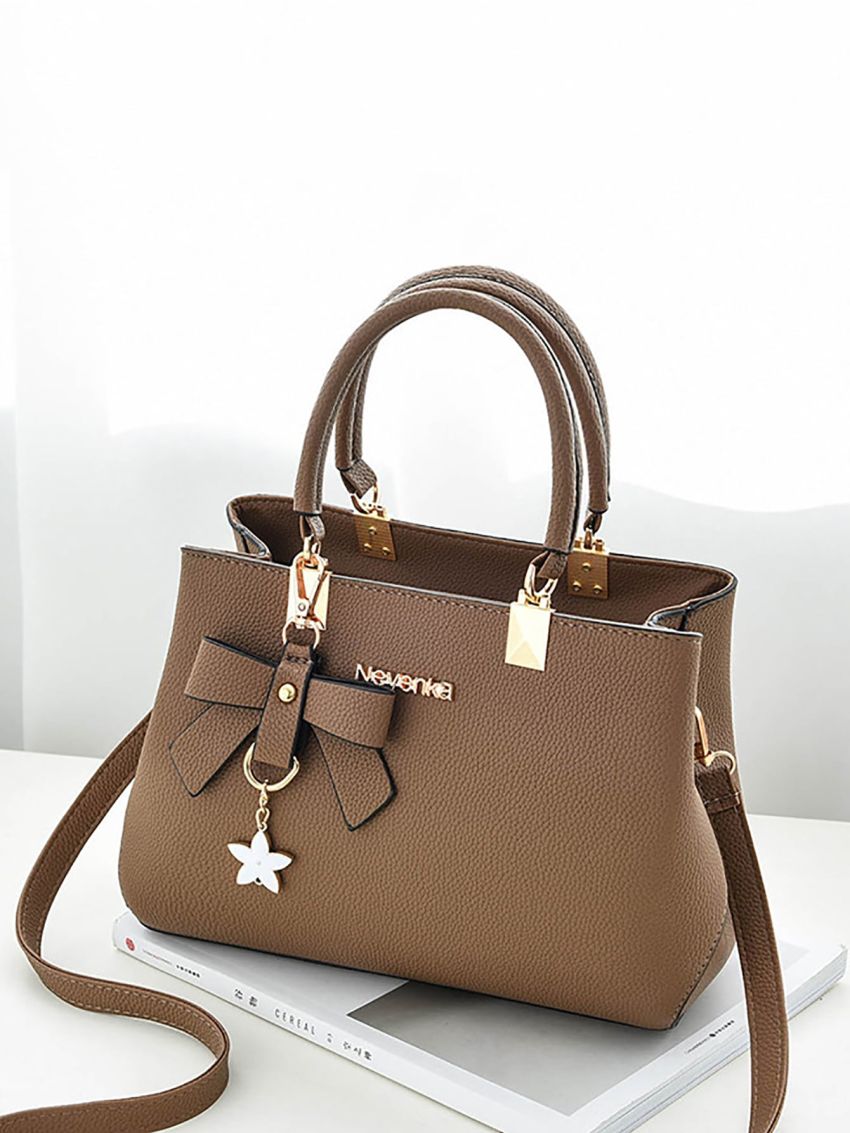 Litchi Embossed Satchel Bag With Bag Charm