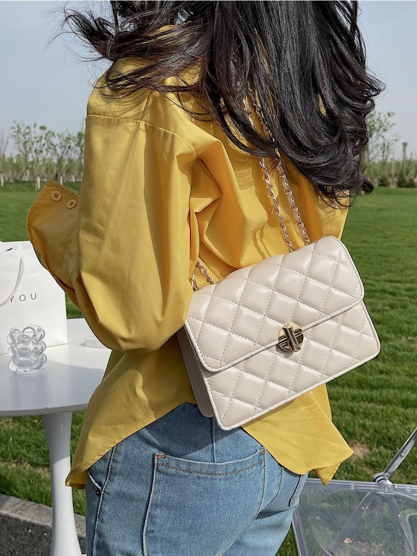 Metal Lock Quilted Chain Shoulder Bag