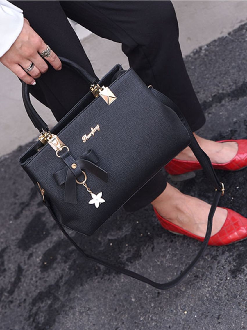 Pebble Embossed Bucket Bag With Bow Charm