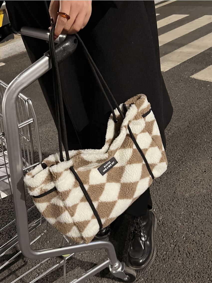 Plaid Fluffy Large Capacity Tote Bag