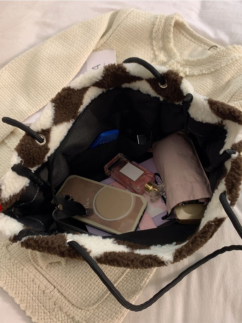 Plaid Fluffy Large Capacity Tote Bag