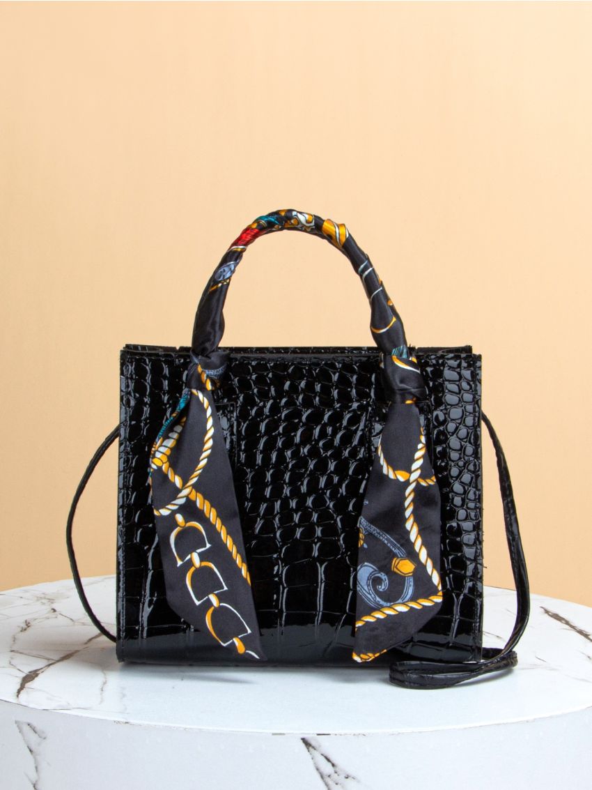 Mini Twilly Scarf Decor Crocodile Embossed Square Bag