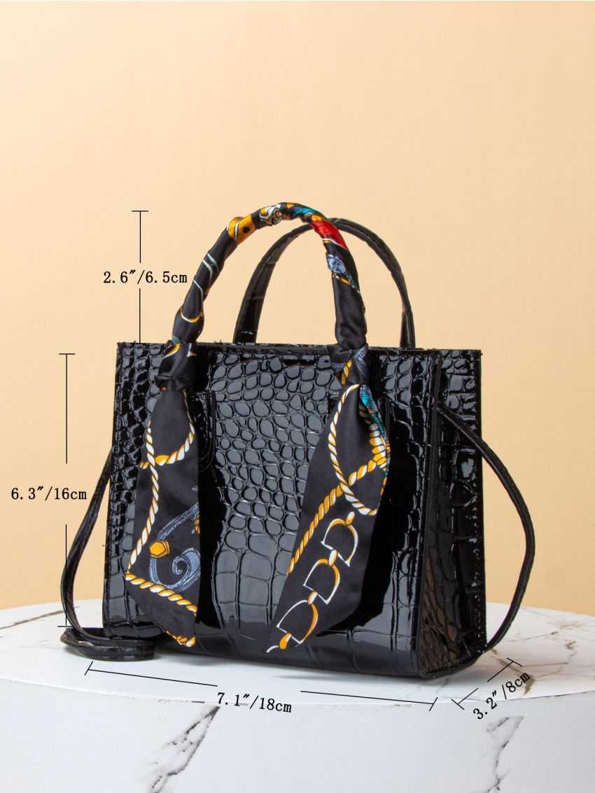 Mini Twilly Scarf Decor Crocodile Embossed Square Bag
