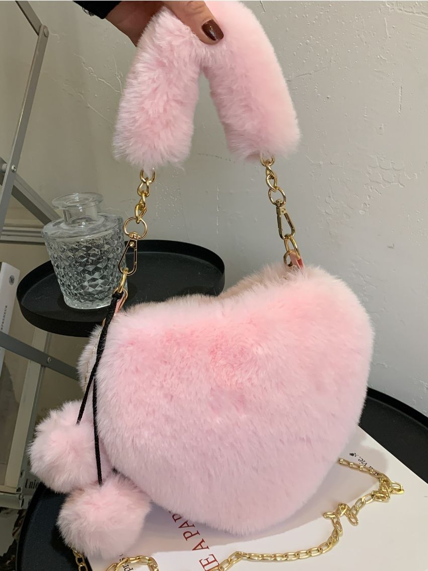 Pom Pom Decor Heart Design Fluffy Shoulder Bag