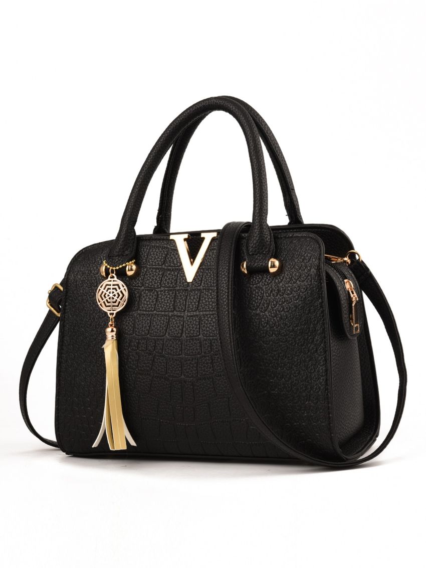 Tassel Decor Croc Embossed Tote Bag