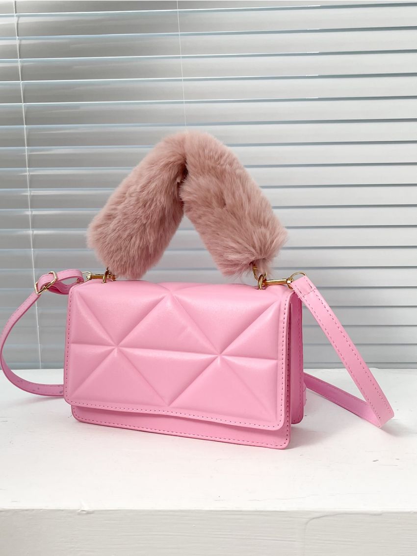 Mini Fluffy Detail Quilted Flap Square Bag