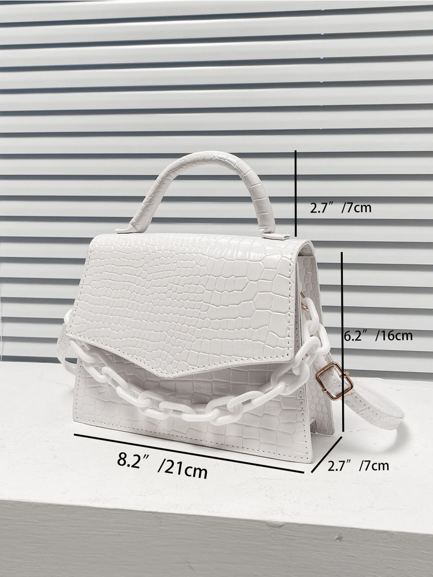 Crocodile Embossed Chain Flap Top Handle Bag