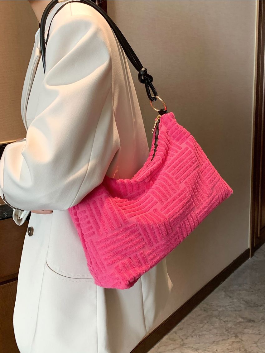 Textured Zip Shoulder Baguette Bag