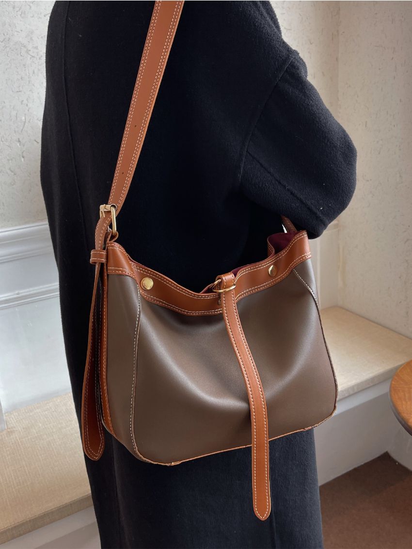 Snap Button Bucket Bag With Inner Pouch