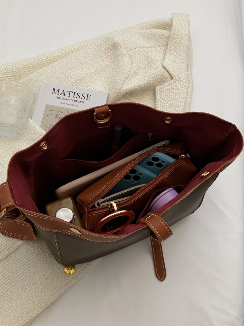 Snap Button Bucket Bag With Inner Pouch