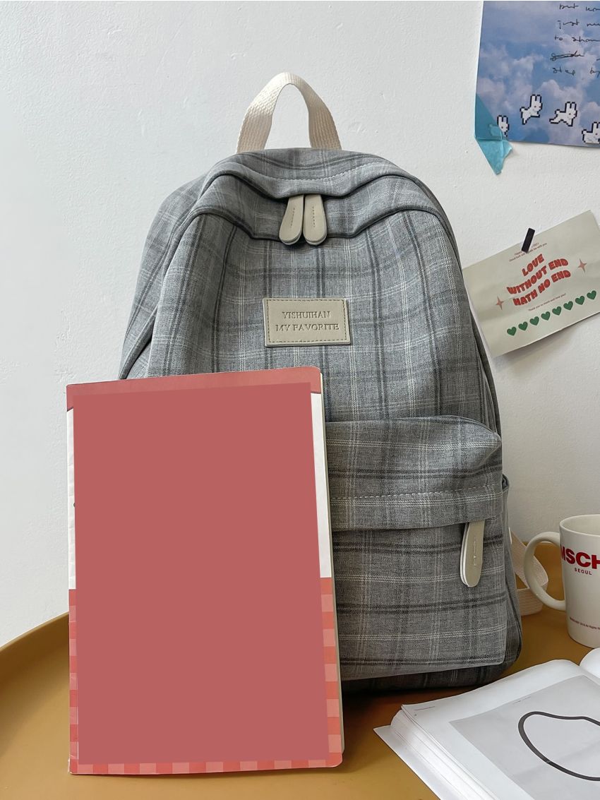 Plaid Pattern Letter Patch Classic Backpack