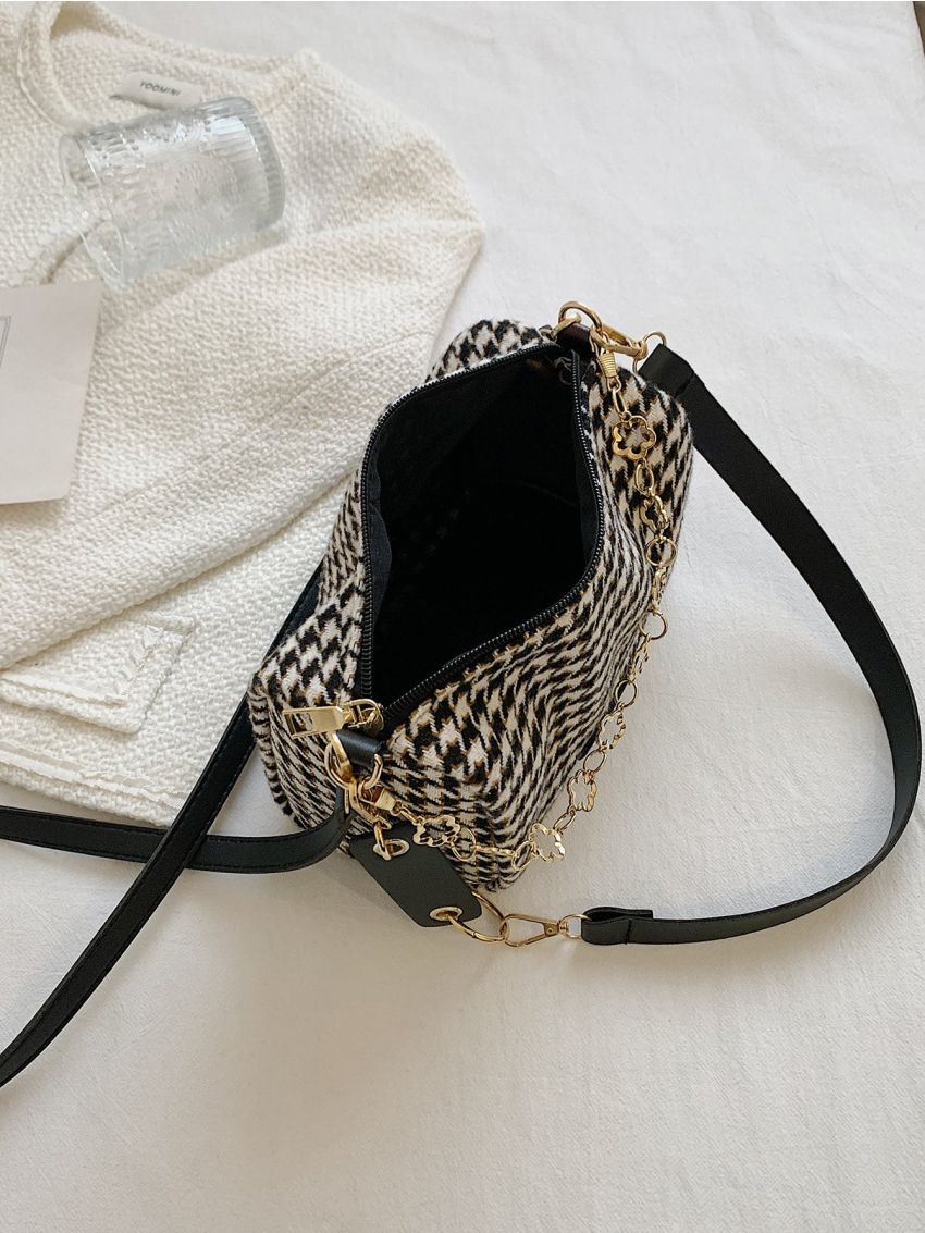 Houndstooth Pattern Chain Boston Bag