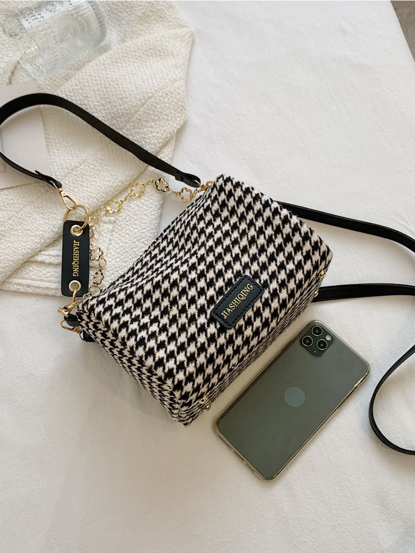 Houndstooth Pattern Chain Boston Bag
