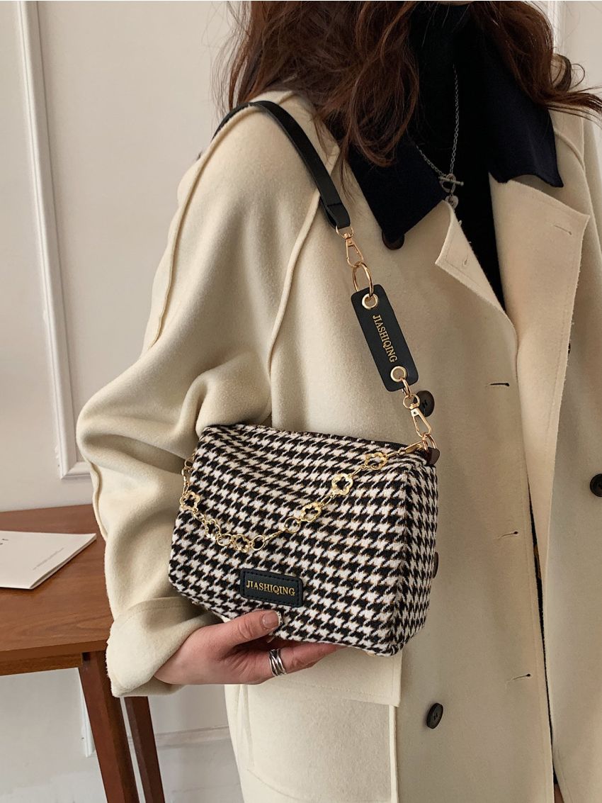 Houndstooth Pattern Chain Boston Bag